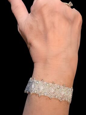 Woven Cream Silver Seed Bead Cuff Bracelet – Bridal Jewelry, Rhodium Clasp